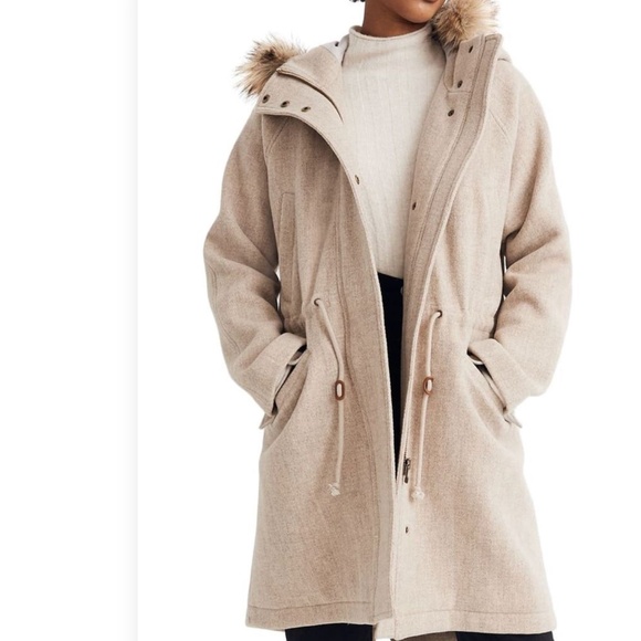 Madewell Vancouver Wool Blend Parka w/Faux Fur Trim Size Small